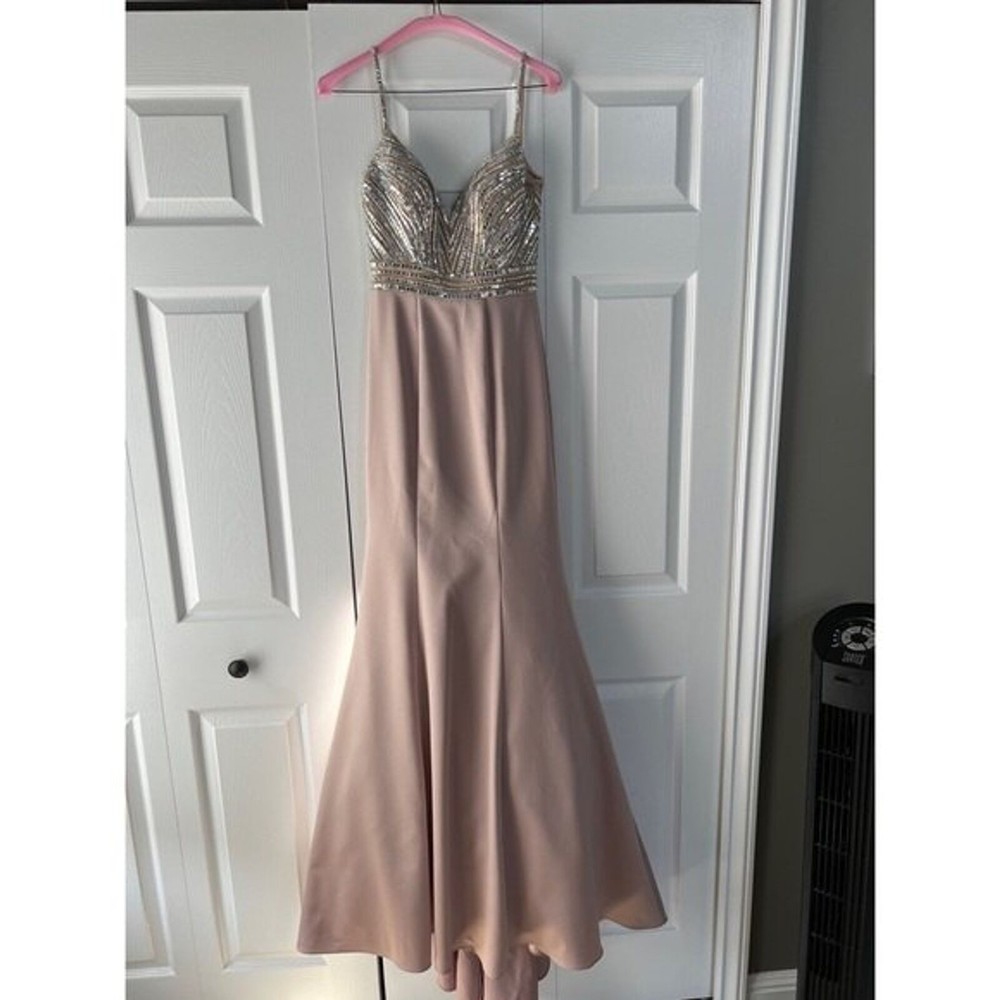 La Femme Champagne Stretch Satin Prom Dress Gown with Crystal Embellishment